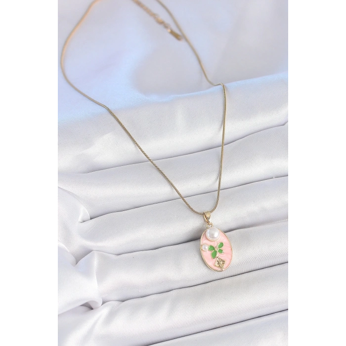 BFS 316L Çelik Gold Renk Zincir Pembe Mineli Oval İncili Çiçek İşlemeli Portre Model Kadın Kolye