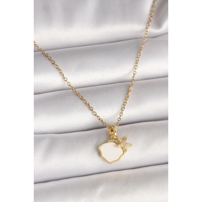 BFS 316L Çelik Gold Renk Zincir Sallantı Beyaz Mineli Deniz Kabuğu Zirkon Taşlı Deniz Yıldızı Figür Kadın Kolye
