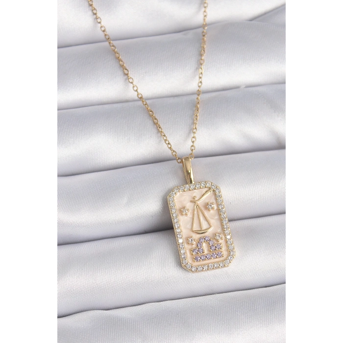 BFS 316L Çelik Gold Renk Zincir Terazi Burcu Zirkon Taşlı Kadın Kolye