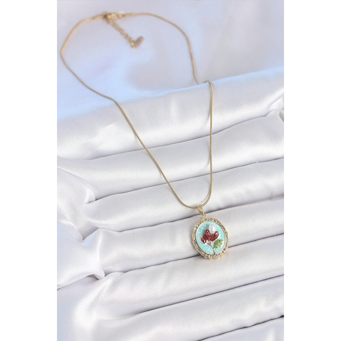 BFS 316L Çelik Gold Renk Zincir Turkuaz Mineli İncili Çiçek İşlemeli Portre Model Kadın Kolye