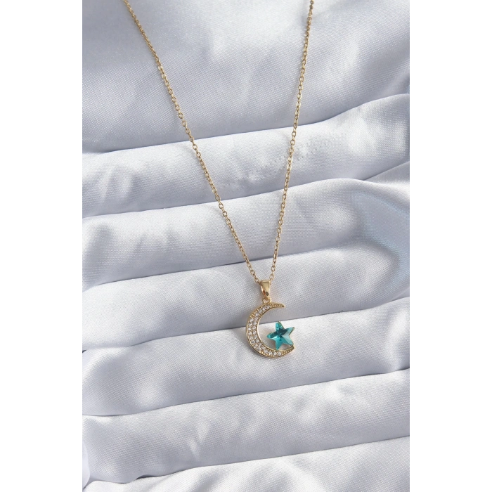 BFS 316L Çelik Gold Renk Zincir Zirkon Taş Detay Hilal Yıldızı Figür Kadın Kolye