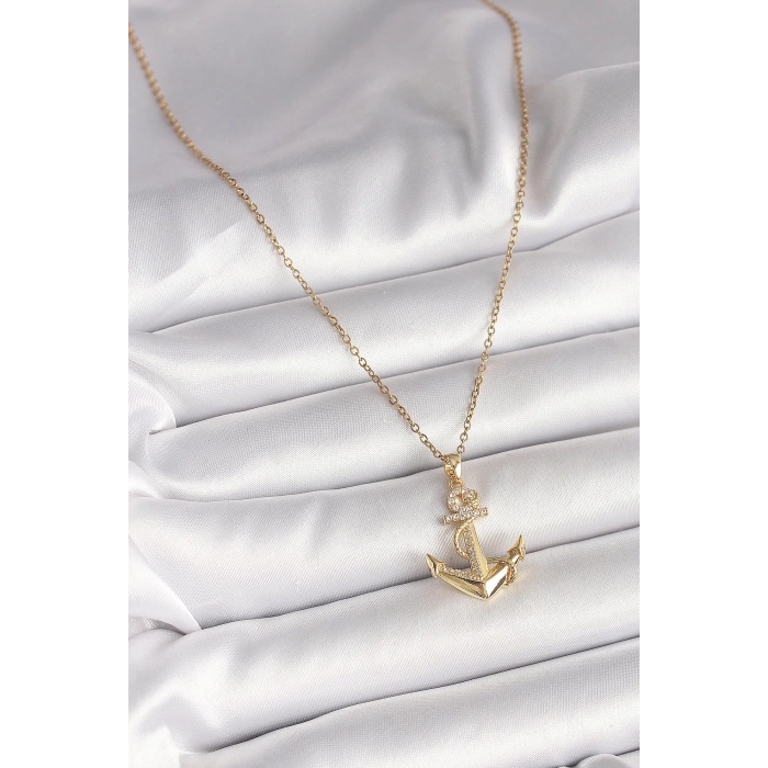 BFS 316L Çelik Gold Renk Zincir Zirkon Taş Detaylı Çapa Model Kadın Kolye