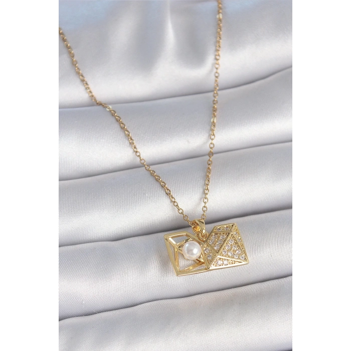 BFS 316L Çelik Gold Renk Zincir Zirkon Taşlı Açılır İncili Elmas Model Kadın Kolye