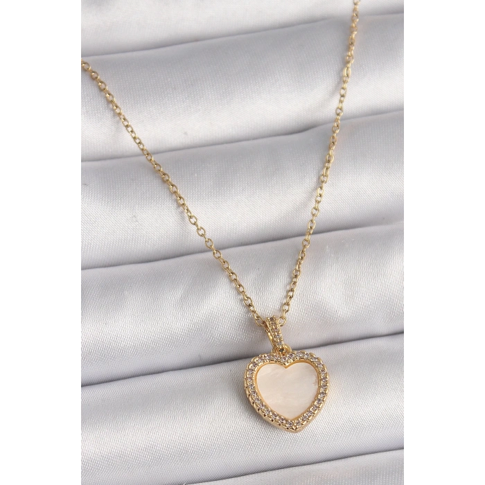 BFS 316L Çelik Gold Renk Zincir Zirkon Taşlı Beyaz Mineli Kalp Model Kadın Kolye