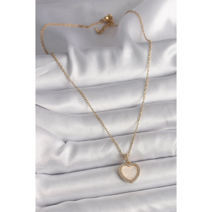 BFS 316L Çelik Gold Renk Zincir Zirkon Taşlı Beyaz Mineli Kalp Model Kadın Kolye