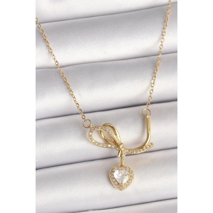 BFS 316L Çelik Gold Renk Zincir Zirkon Taşlı Düğüm Sallantı Kalp Model Kadın Kolye