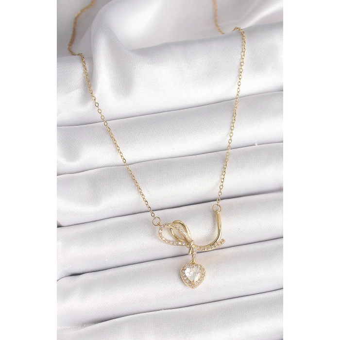 BFS 316L Çelik Gold Renk Zincir Zirkon Taşlı Düğüm Sallantı Kalp Model Kadın Kolye