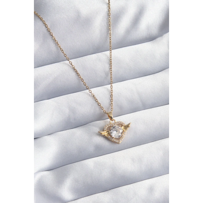 BFS 316L Çelik Gold Renk Zincir Zirkon Taşlı Kalp Model Kadın Kolye