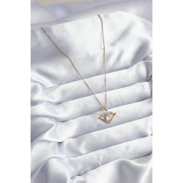 BFS 316L Çelik Gold Renk Zincir Zirkon Taşlı Kalp Model Kadın Kolye