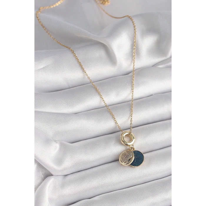 BFS 316L Çelik Gold Renk Zincir Zirkon Taşlı Kalp Model Mavi Simli Kadın Kolye