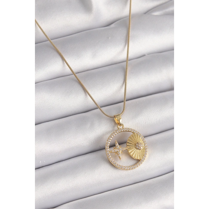 BFS 316L Çelik Gold Renk Zincir Zirkon Taşlı Yıldız İşleme Madalyon Model Kadın Kolye