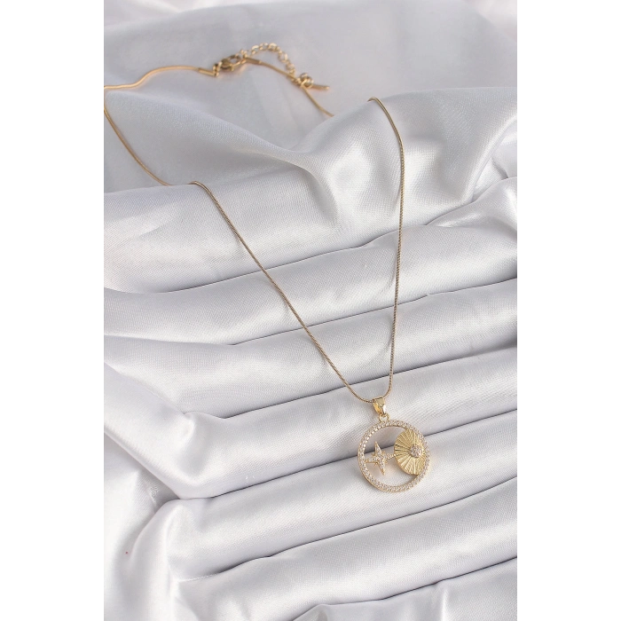 BFS 316L Çelik Gold Renk Zincir Zirkon Taşlı Yıldız İşleme Madalyon Model Kadın Kolye