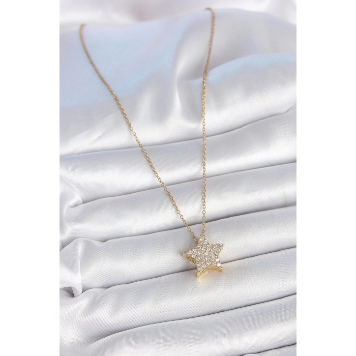 BFS 316L Çelik Gold Renk Zincir Zirkon Taşlı Yıldız Model Kadın Kolye