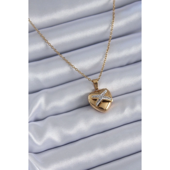 BFS 316L Çelik Gold Renk Zirkon Detay Kalp Model Kadın Kolye