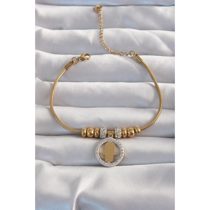 BFS 316L Çelik Gold Renk Zirkon Taş Aksesuarlı Fatma Ana Eli Bileklik