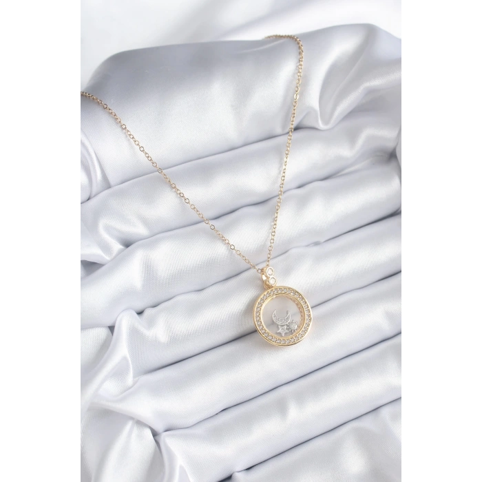 BFS 316L Çelik Gold Renk Zirkon Taş Detay Ay Yıldız Fanus Model Kadın Kolye