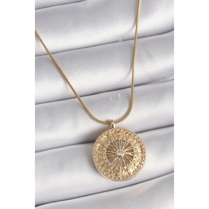 BFS 316L Çelik Gold Renk Zirkon Taşlı 12 Burç Madalyon Model Kadın Kolye