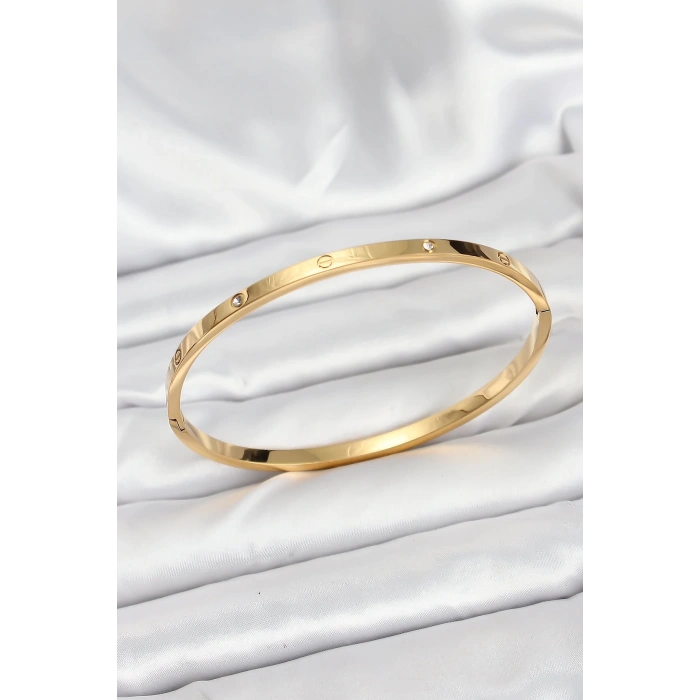 BFS 316L Çelik Gold Renk Zirkon Taşlı 65 mm İnce Kadın Kelepçe Bileklik