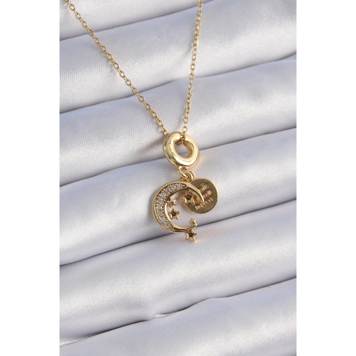 BFS 316L Çelik Gold Renk Zirkon Taşlı Ay Yıldız  Model Charm Model Kadın Kolye