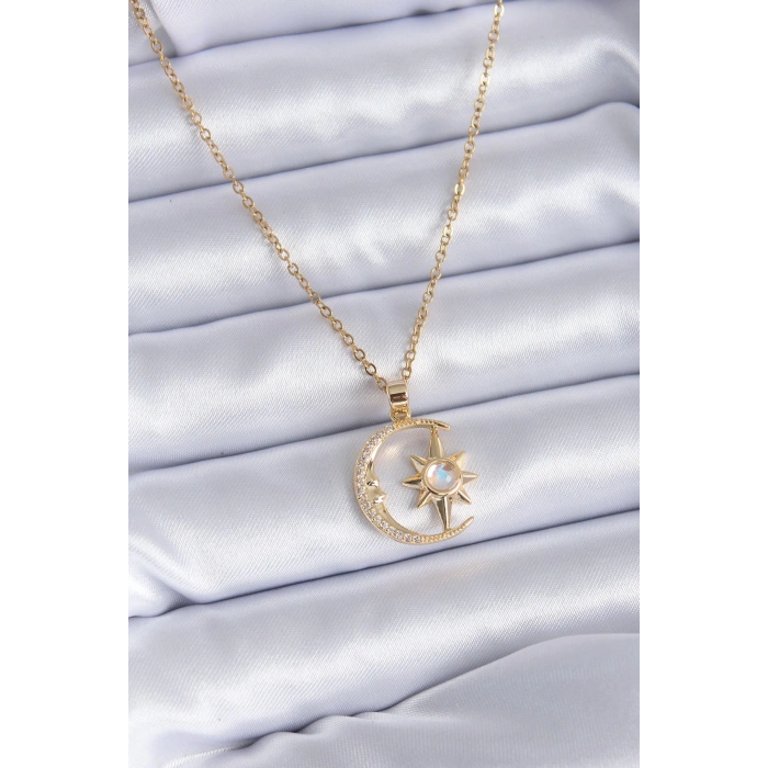 BFS 316L Çelik Gold Renk Zirkon Taşlı Ay Yıldız Model Kadın Kolye