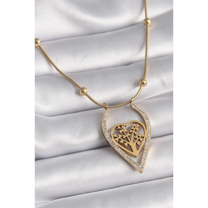 BFS 316L Çelik Gold Renk Zirkon Taşlı Detaylı Kalp Fidan Model Kadın Kolye
