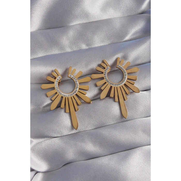 BFS 316L Çelik Gold Renk Zirkon Taşlı Güneş Figürlü Küpe