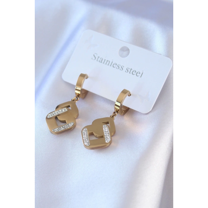 BFS 316L Çelik Gold Renk Zirkon Taşlı Kadın Küpe