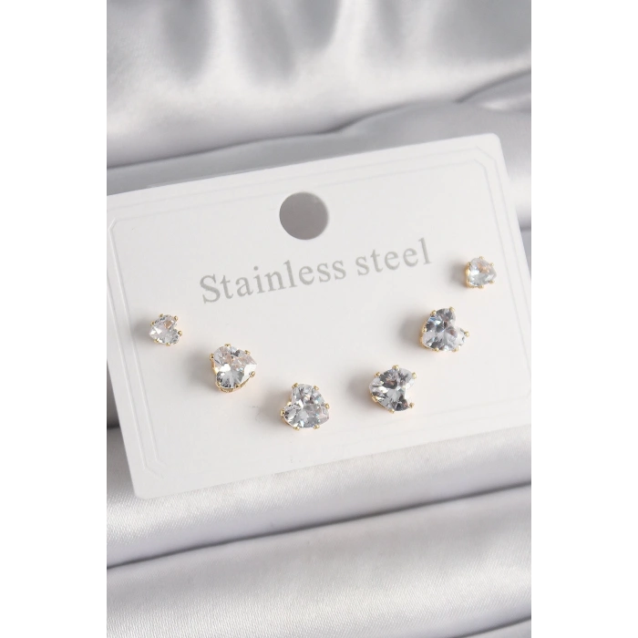 BFS 316L Çelik Gold Renk Zirkon Taşlı Kalp Model Kadın Küpe Seti