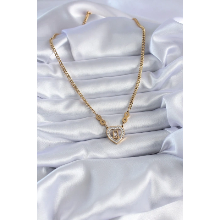 BFS 316L Çelik Gold Renk Zirkon Taşlı Kalp Model Sonsuzluk Detay Kadın Kolye