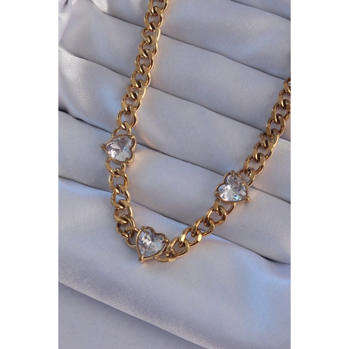 BFS 316L Çelik Gold Renk Zirkon Taşlı Kalp Model Zincir Kolye