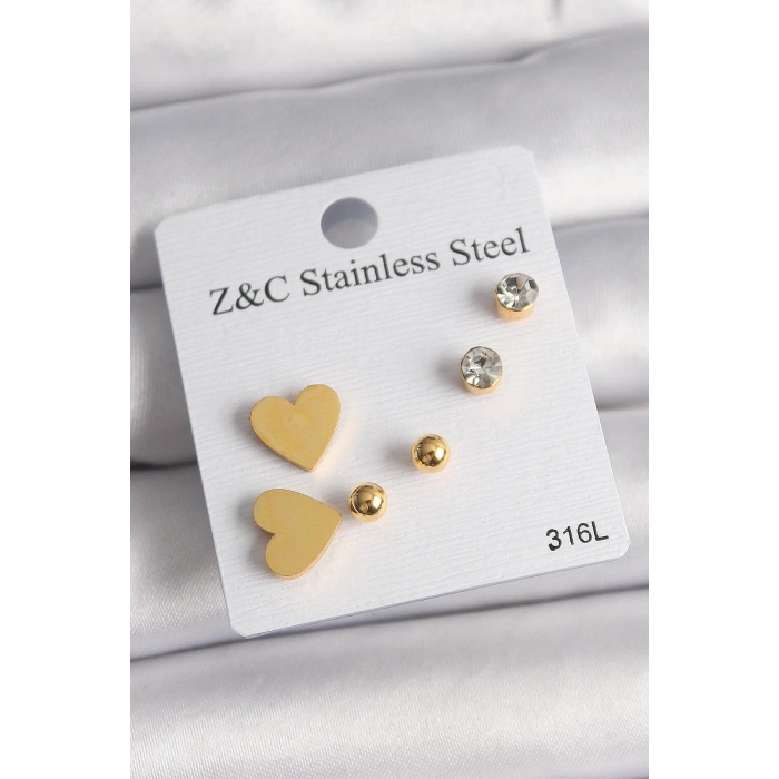 BFS 316L Çelik Gold Renk Zirkon Taşlı Kalpli Kadın Küpe Seti