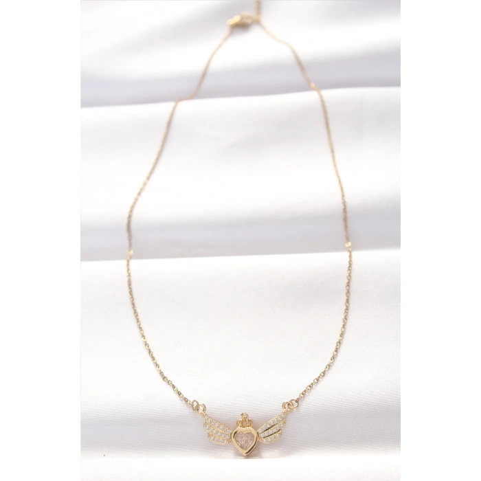 BFS 316L Çelik Gold Renk Zirkon Taşlı Kalpli Kanat Kolye