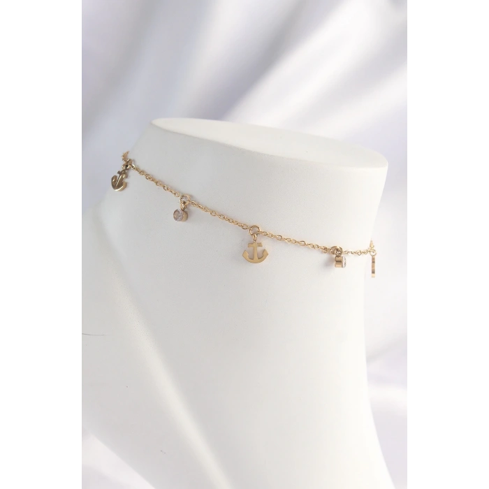 BFS 316L Çelik Gold Renk Zirkon Taşlı Minimal Çapa Tasarımlı Halhal