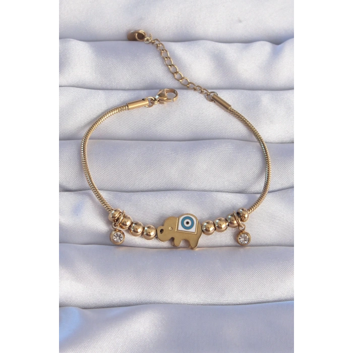 BFS 316L Çelik Gold Renk Zirkon Taşlı Nazarlı Fil Tasarımlı Bileklik
