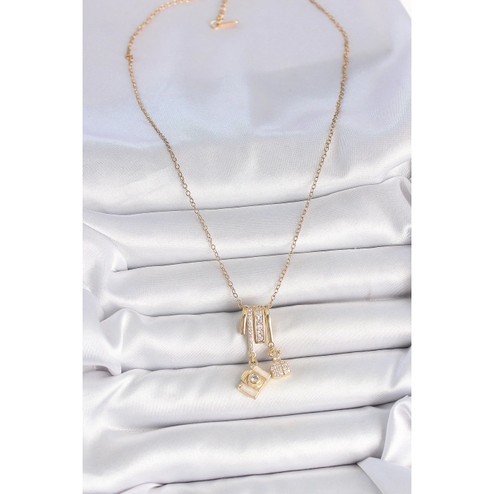 BFS 316L Çelik Gold Renk Zirkon Taşlı Sallantı Fotoğraf Makinası Figür Charm Kadın Kolye