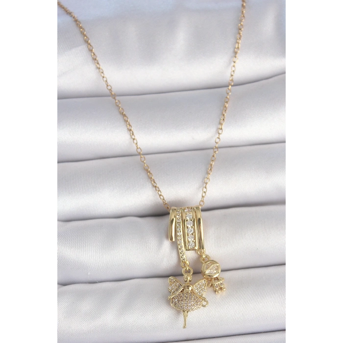 BFS 316L Çelik Gold Renk Zirkon Taşlı Sallantı Melek Figür Charm Kadın Kolye