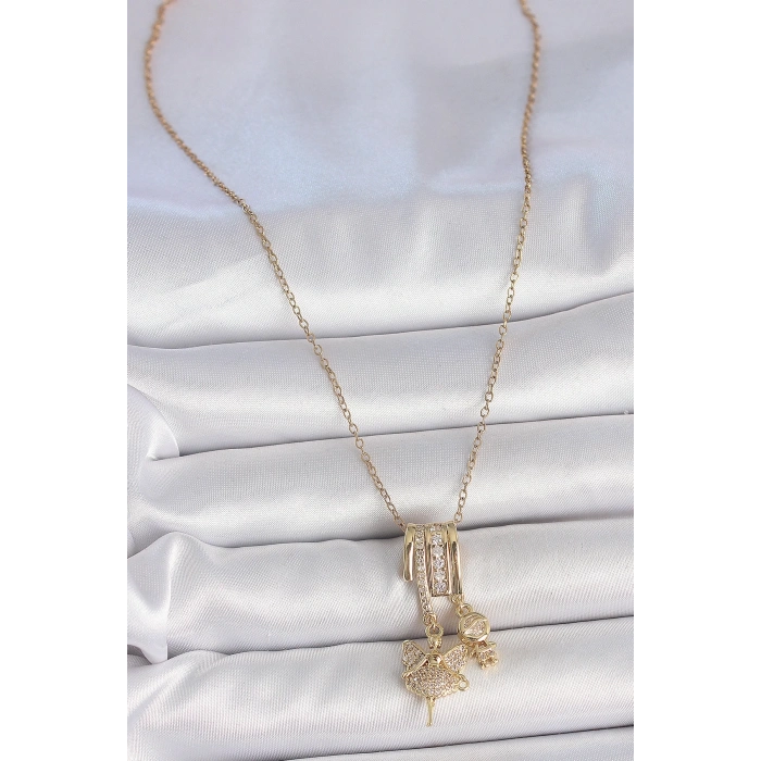 BFS 316L Çelik Gold Renk Zirkon Taşlı Sallantı Melek Figür Charm Kadın Kolye