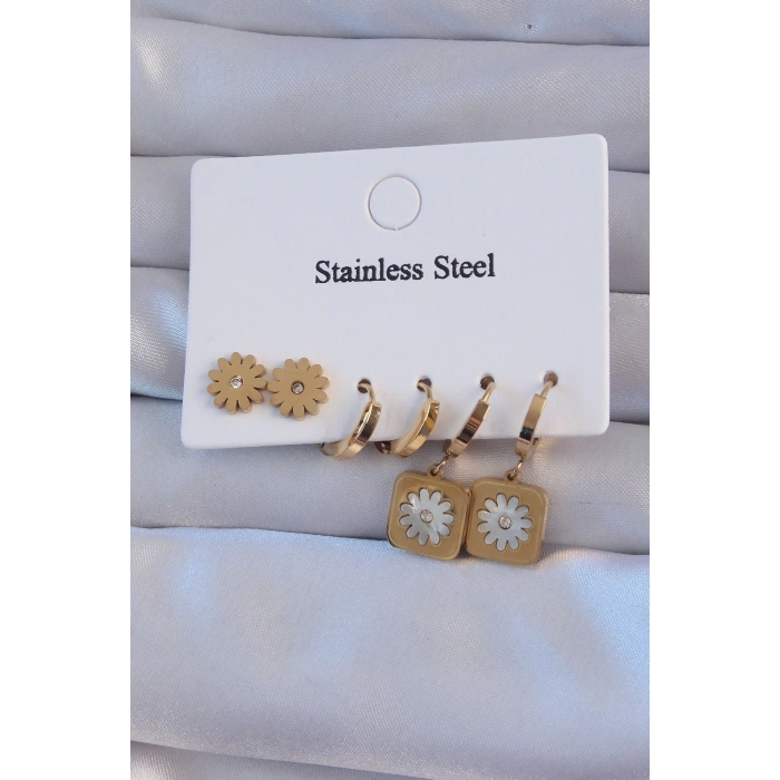 BFS 316L Çelik Gold Renk Zirkon Taşlı Sedefli Papatya Model Halka Küpe Seti