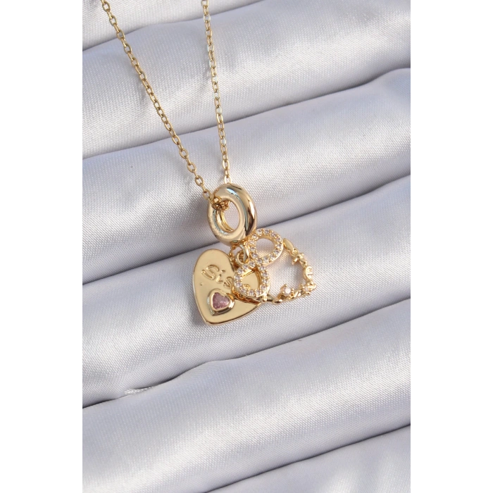 BFS 316L Çelik Gold Renk Zirkon Taşlı Sonsuzluk Kalp Figür Charm Model Kadın Kolye