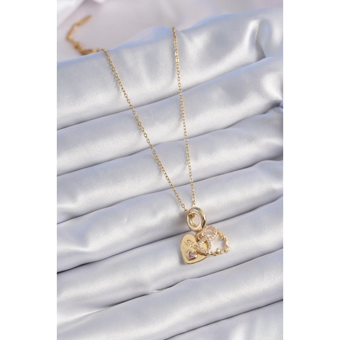 BFS 316L Çelik Gold Renk Zirkon Taşlı Sonsuzluk Kalp Figür Charm Model Kadın Kolye