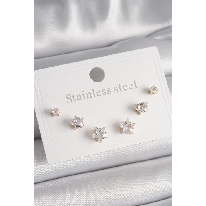 BFS 316L Çelik Gold Renk Zirkon Taşlı Yıldız Model Kadın Küpe Seti