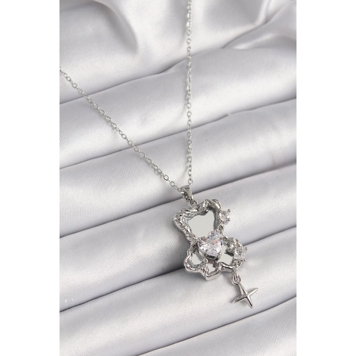 BFS 316L Çelik Gümüş Renk Ayna Ayıcık Model Zirkon Taşlı Kalp Detay Kadın Kolye