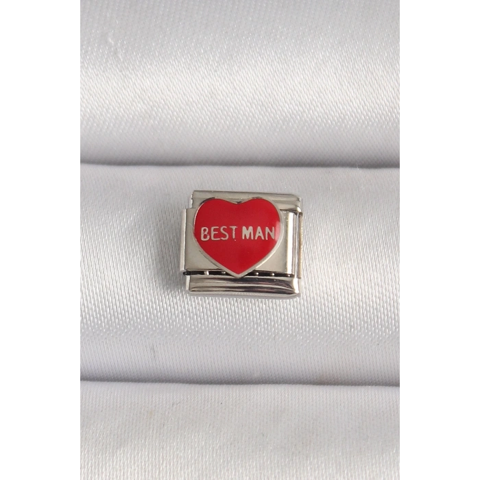 BFS 316L Çelik Gümüş Renk Best Man Yazılı Kırmızı Kalp İşlemeli Nomination Charm
