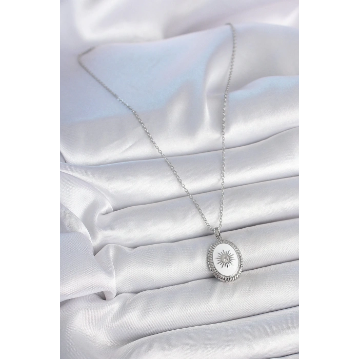 BFS 316L Çelik Gümüş Renk Beyaz Mineli Güneş İşlemeli Nazar Boncuk Detay Madalyon Model Kadın Kolye