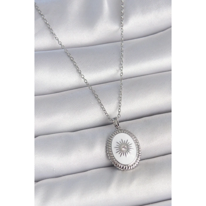 BFS 316L Çelik Gümüş Renk Beyaz Mineli Güneş İşlemeli Nazar Boncuk Detay Madalyon Model Kadın Kolye