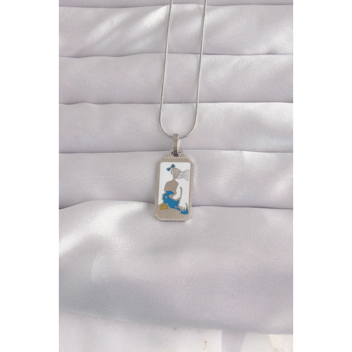 BFS 316L Çelik Gümüş Renk Beyaz Mineli Kız Figür Tarot Kolye