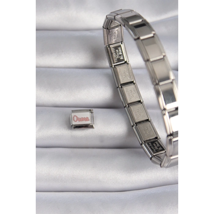 BFS 316L Çelik Gümüş Renk Beyaz Pembe Ouma İşlemeli Nomination Charm