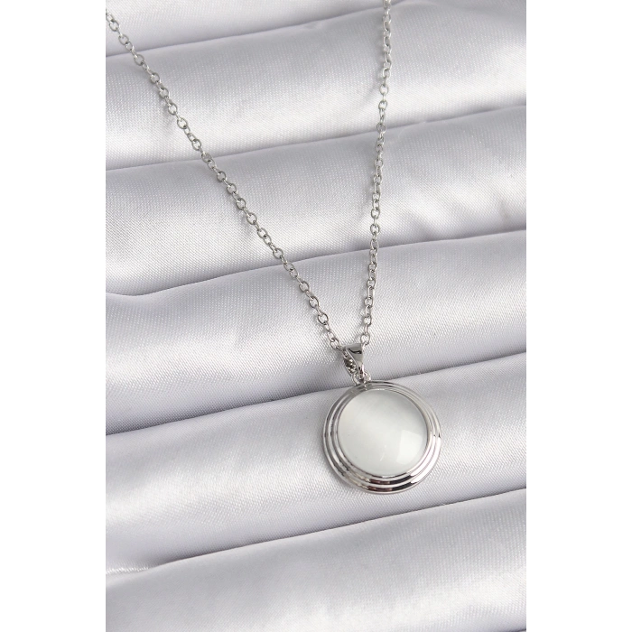 BFS 316L Çelik Gümüş Renk Beyaz Sedefli Daire Model Kadın Kolye