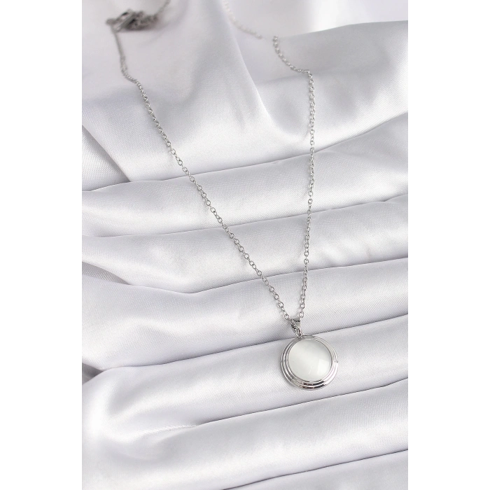 BFS 316L Çelik Gümüş Renk Beyaz Sedefli Daire Model Kadın Kolye