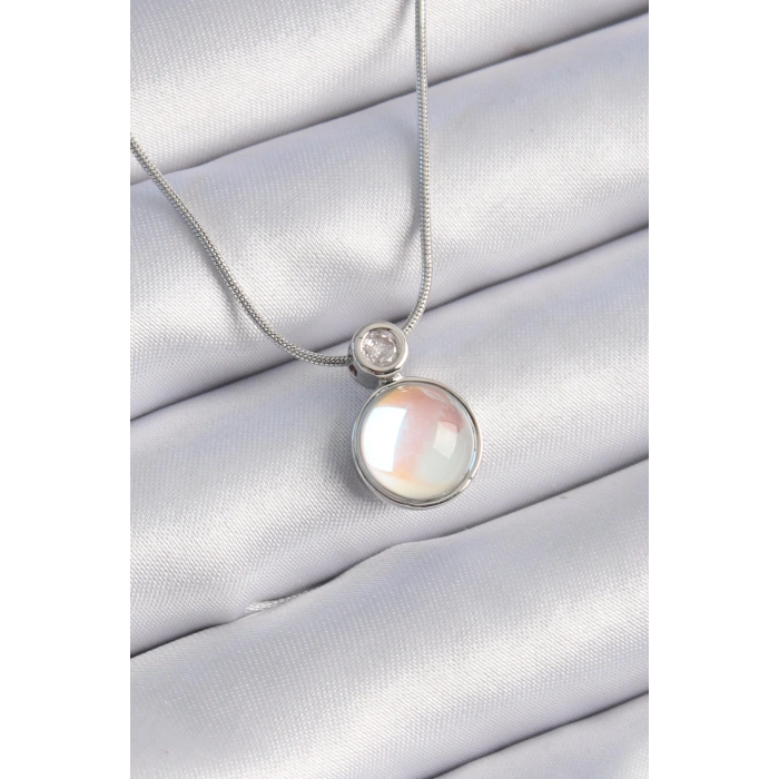 BFS 316L Çelik Gümüş Renk Beyaz Sedefli Vintage Model Kadın Kolye